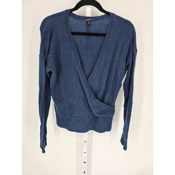 Express Women's Blue Acrylic Blend Faux Wrap Long Sleeve Top Size S/P - Picture 1 of 5
